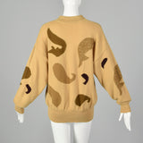 Large Escada 1980s  Tan Brown Sweater with Floral Appliques