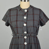 XXL 1950s Gray Cotton Day Dress Plaid Short Sleeves