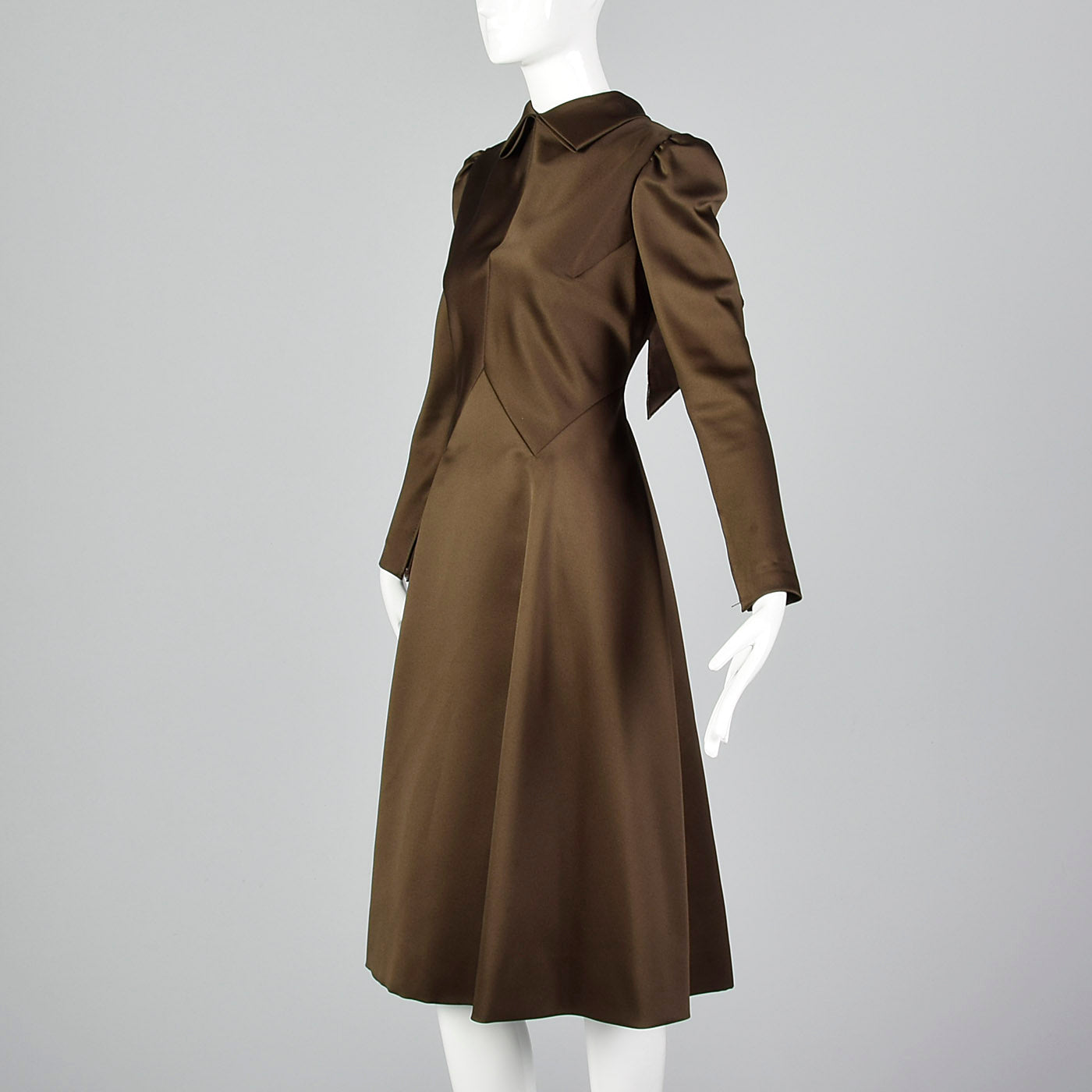 1970s Pauline Trigere Brown Satin Dress