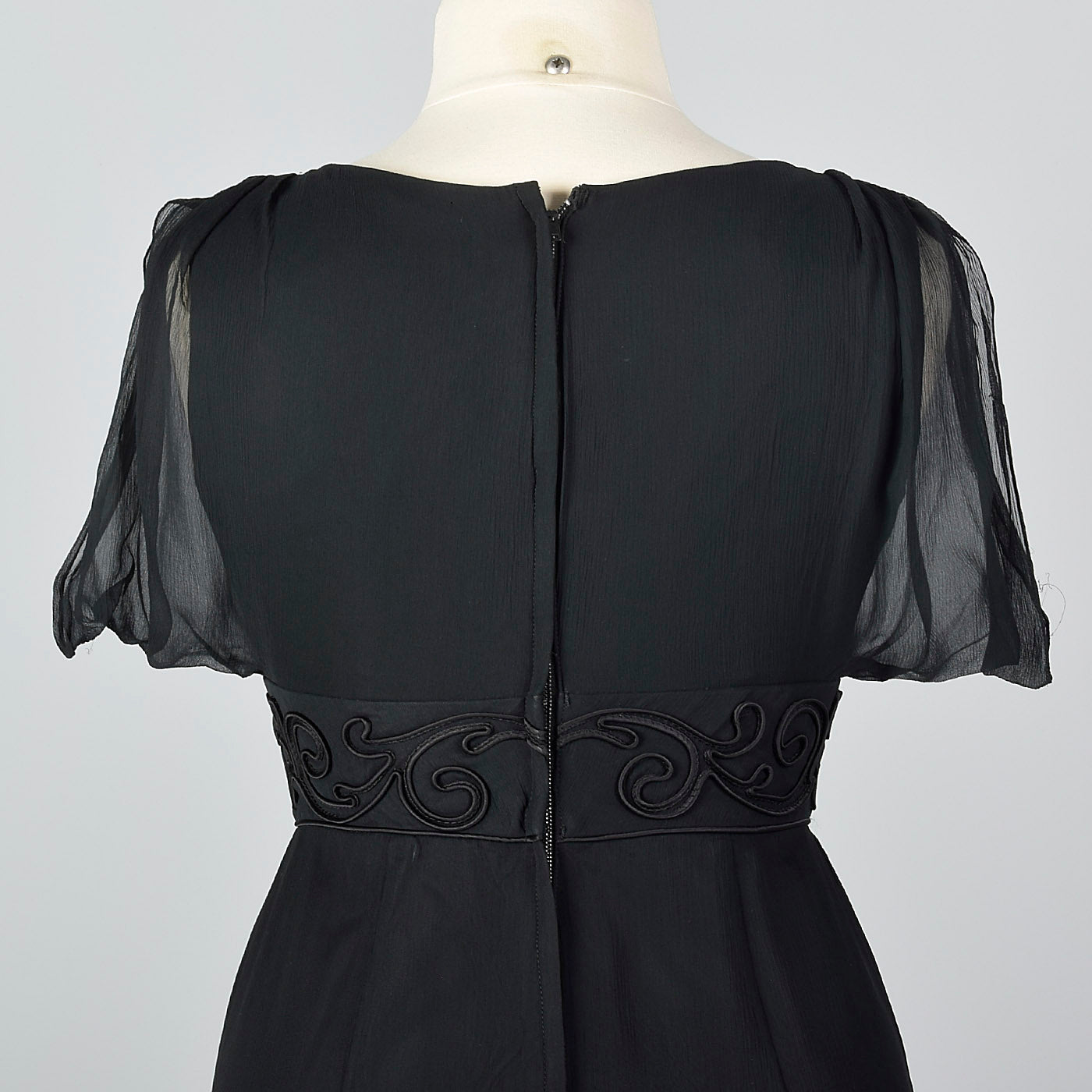 1950s Black Silk Dress with Soutache Trim Waist
