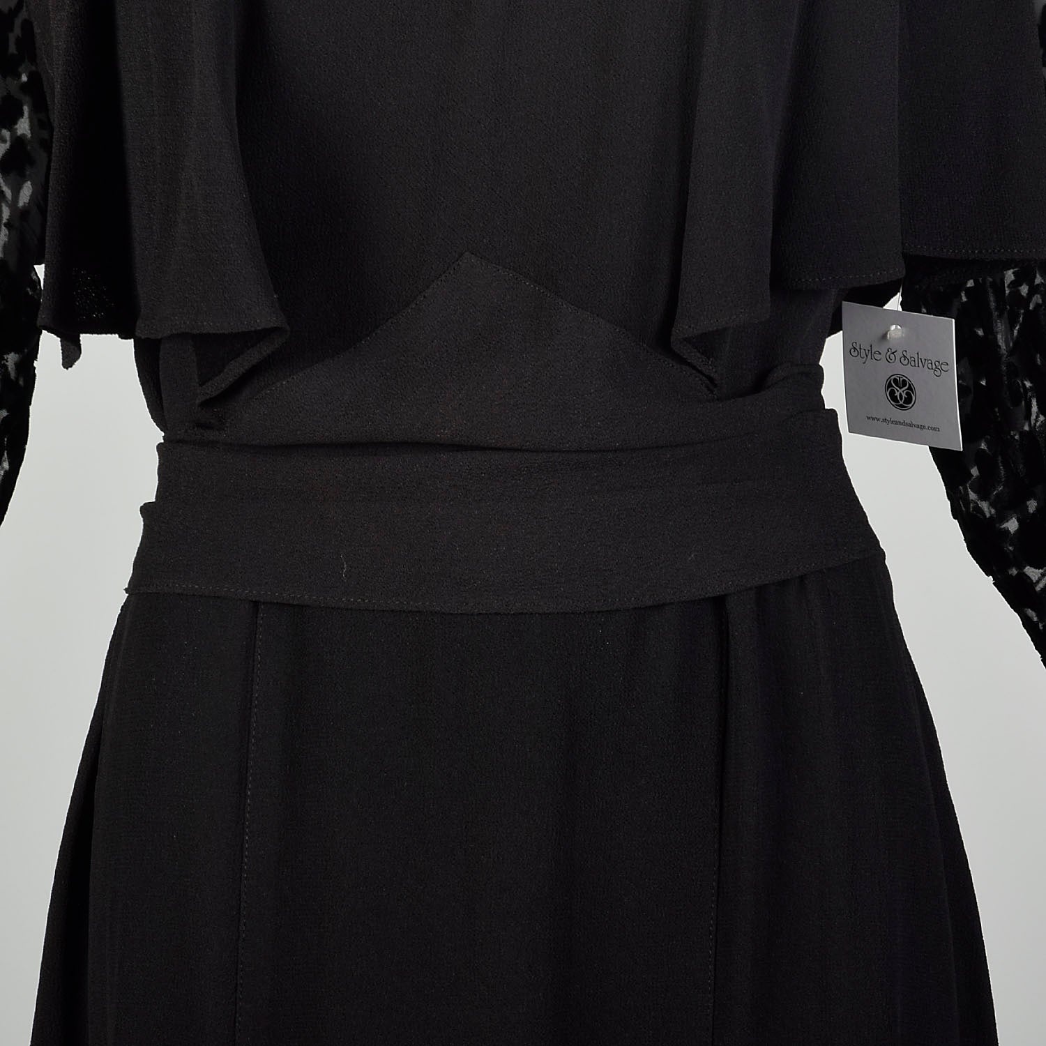 XL 1930s Dress Black Devore Velvet Sleeves Art Deco Long Sleeve LBD