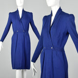 St. John 1980s Blue Faux Wrap Knit Dress