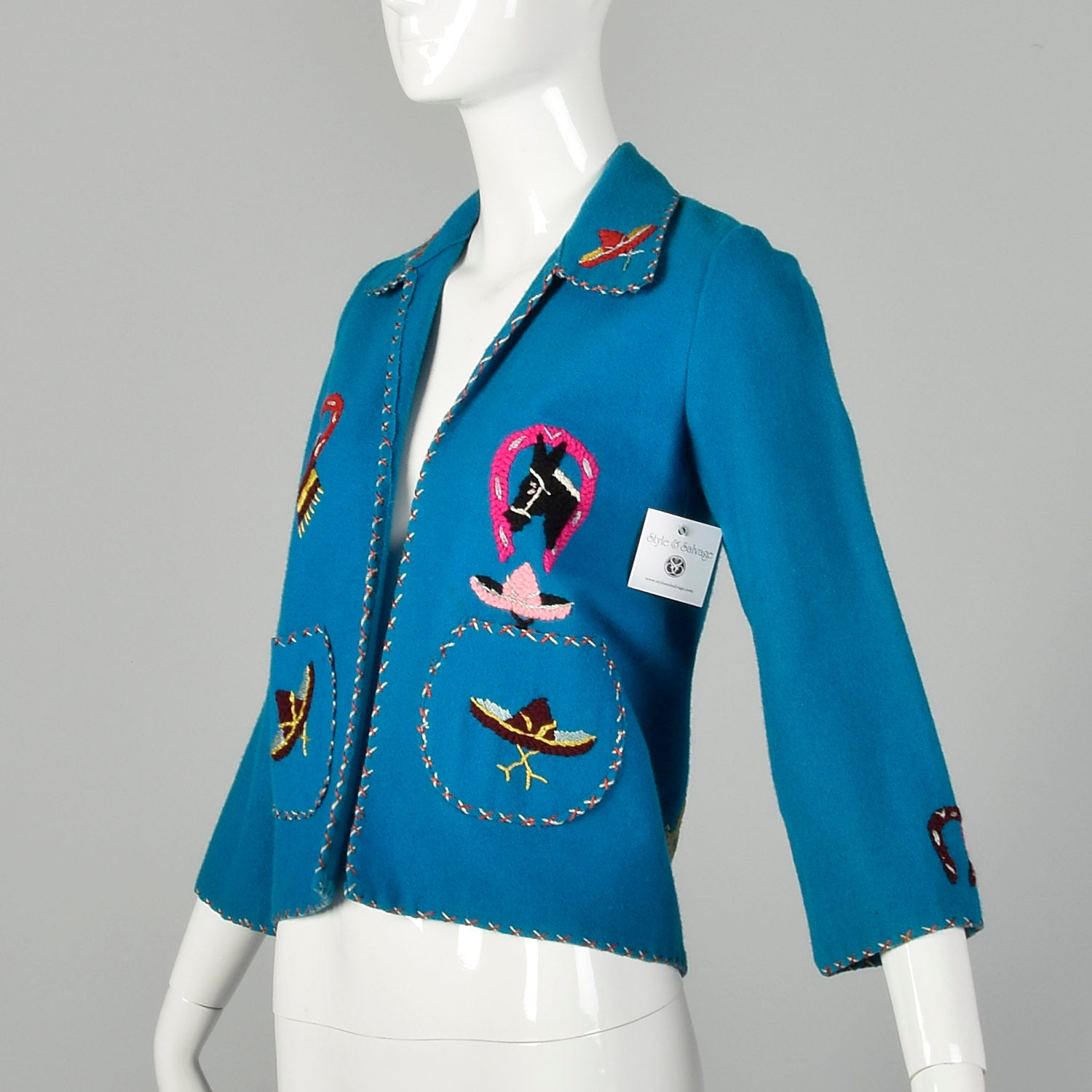 XXS 1950s Souvenir Mexican Tourist Jacket Blue Teal Embroidered Horseshoe Donkey Wool Jacket