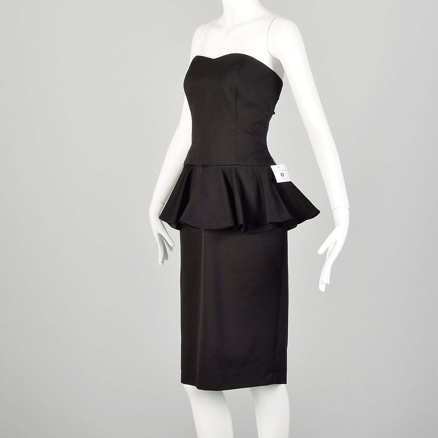 XS 1980s Black Peplum Cocktail Dress Strapless Sexy Party Pencil Dress Style & Salvage XS 1980s Black Peplum Cocktail Dress Strapless Sexy Party Pencil Dress Style & Salvage
