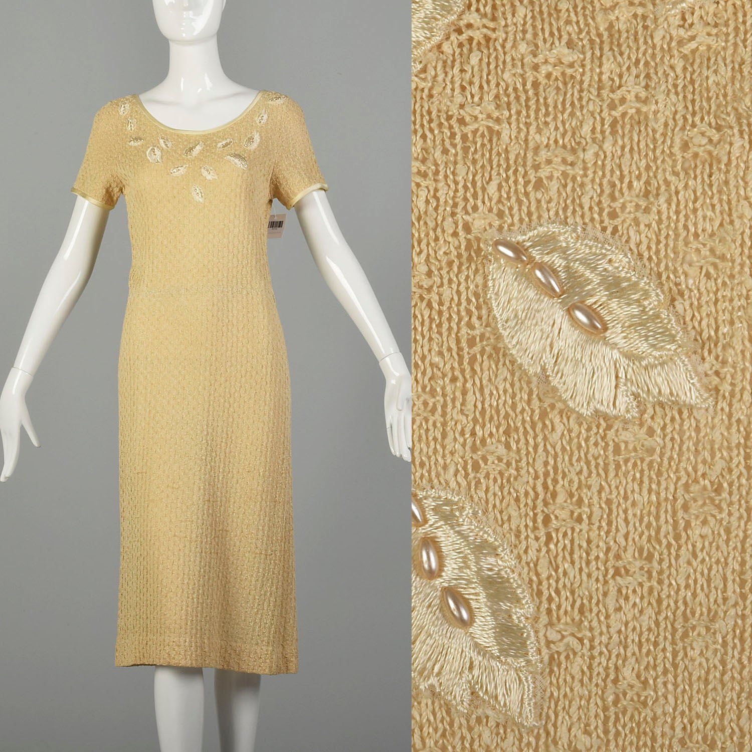 1970s Boho Tan Knit Dress Casual Summer Short Sleeve Modest
