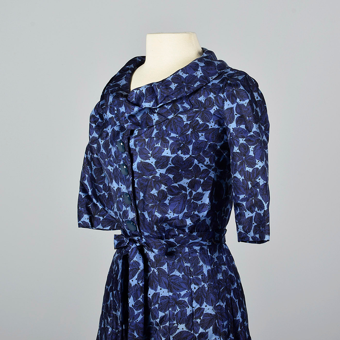 1950s Blue Floral Print Silk Dress