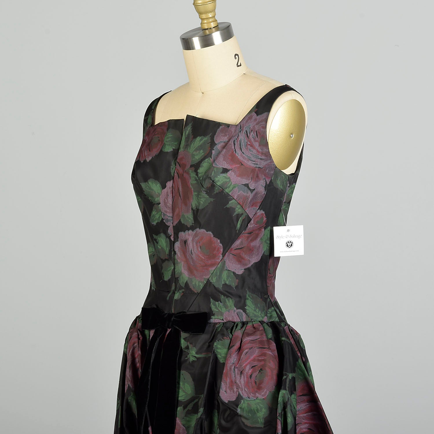 Small 1950s Novelty Rose Print Peplum Cocktail Dress Bubble Hem Prom Dress