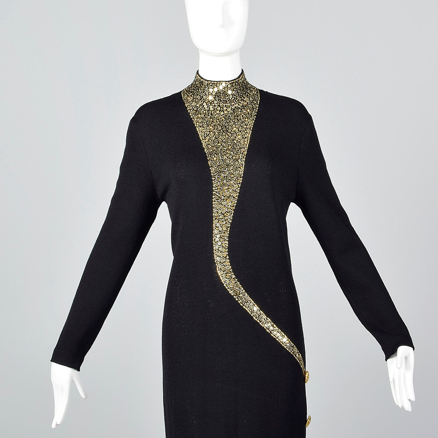 1980s St John Evening Long Black Knit Formal Dress with Gold Sequin Design