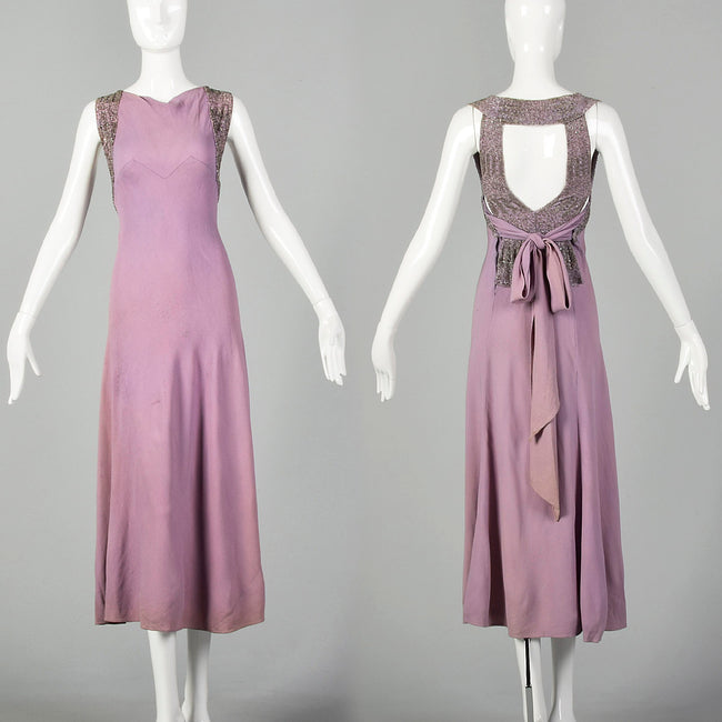 XXS 1930s Lucile Paray Bias Cut Lavender Beaded Evening Dress Keyhole Back