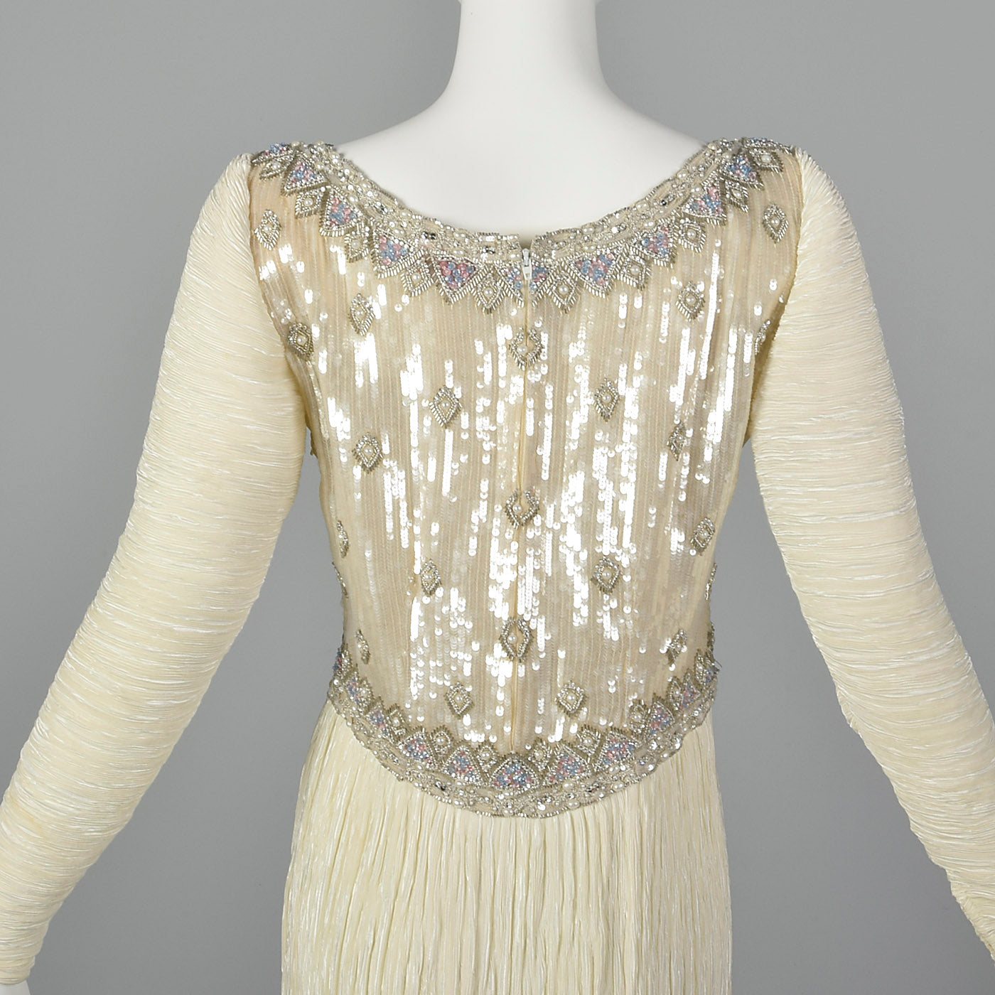 1970s Mary McFadden Couture Beaded and Pleated White Dress