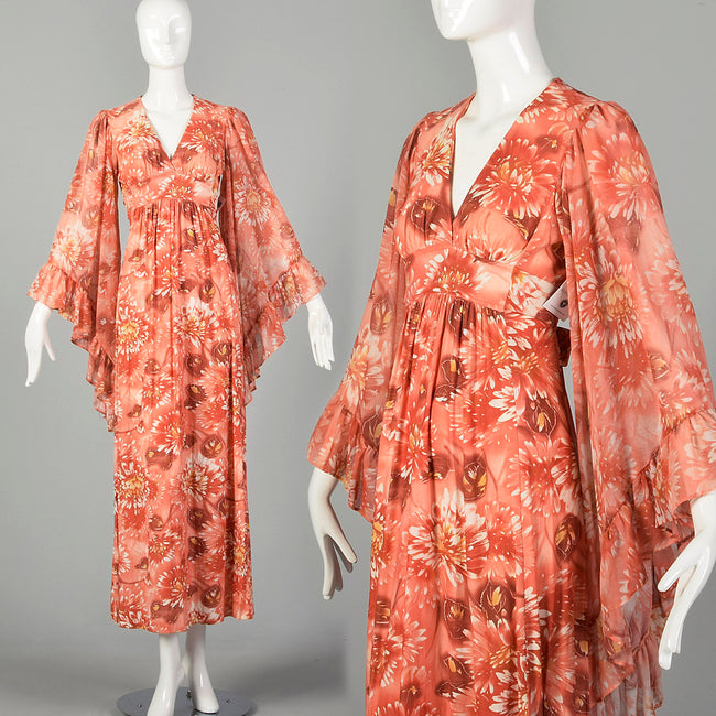 XS 1970s Pink Boho Maxi Dress Hippie Floral Print Bell Sleeves with Tieback Waist