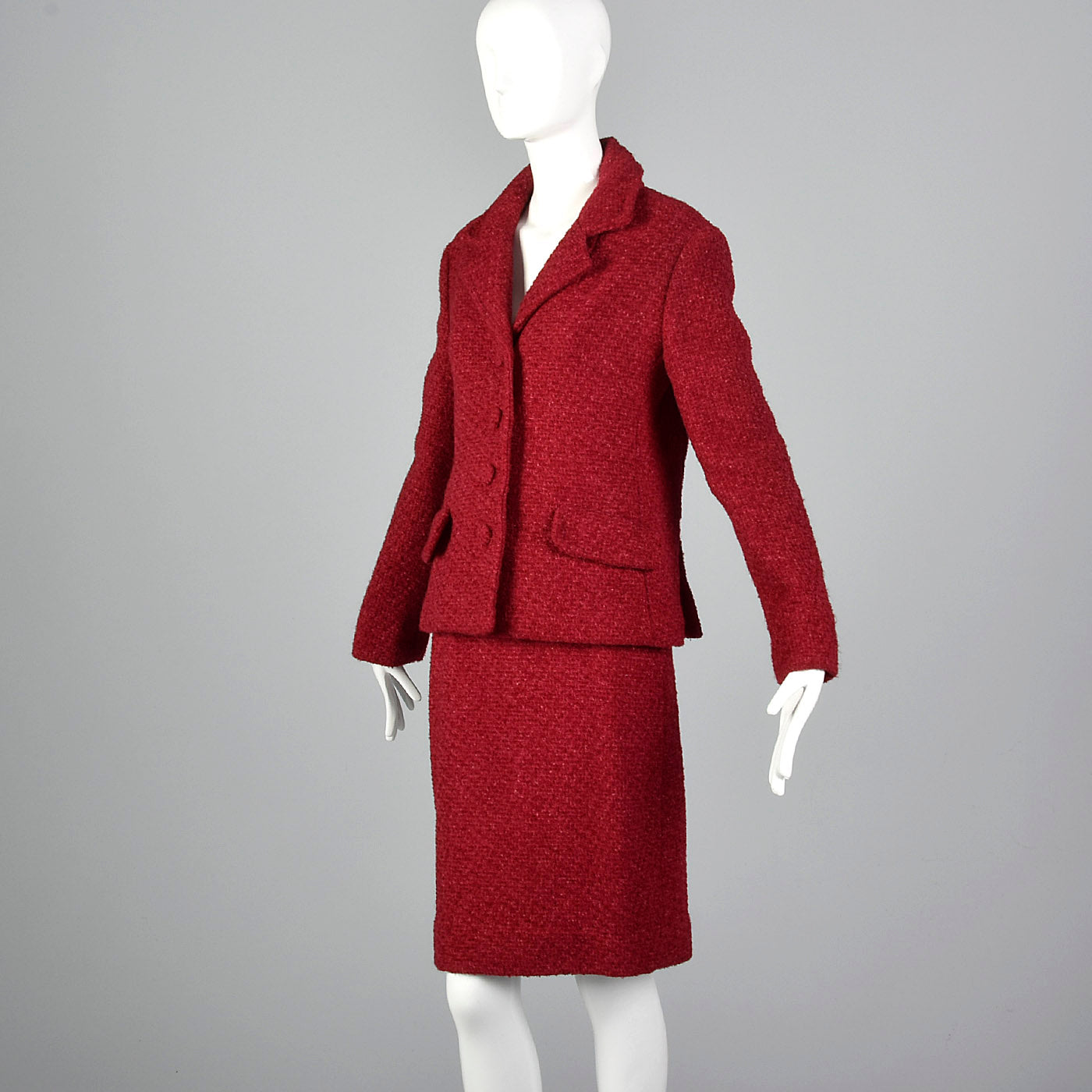 1960s Red Boucle Wool Skirt Suit