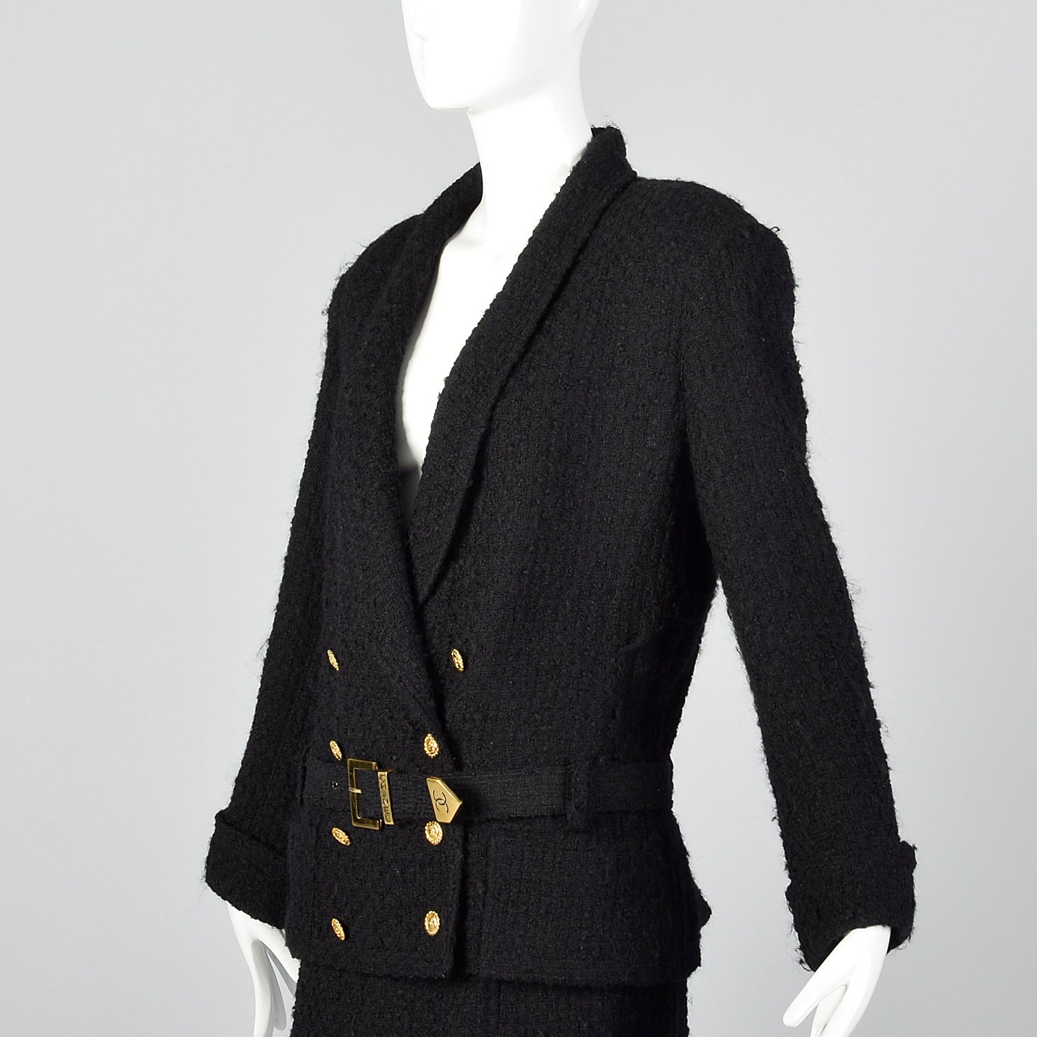 CHANEL Late 90s Black Boucle Zip-Front Suit w/Ruffle Neckline