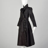 XS 1980s Black Taffeta Wrap Coat Lightweight with Ruffle Trim