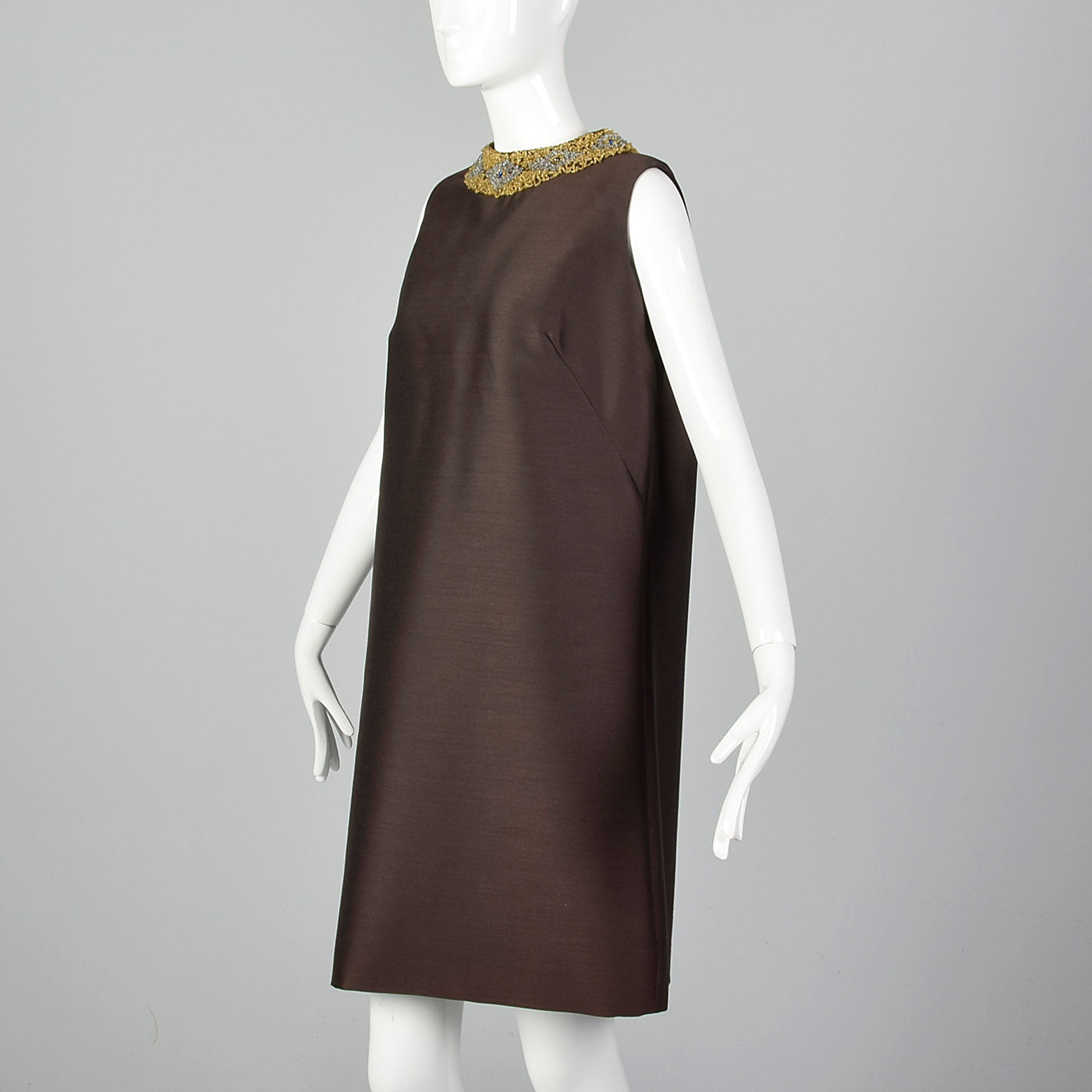 1960s Brown Shift Dress with Beaded Collar