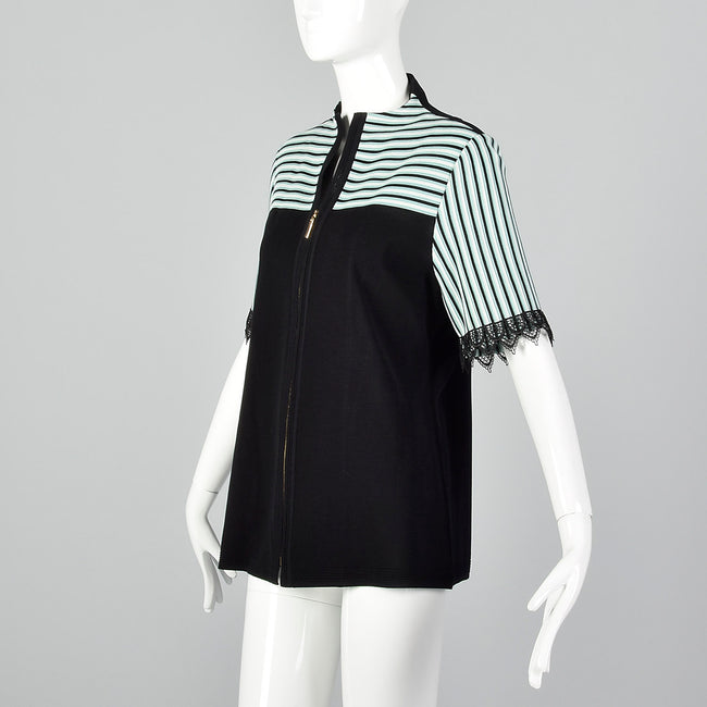 2000s Misook Black and Blue Striped Knit Shirt