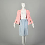 Small 1980s Bill Blass Pastel Crepe Skirt Suit Blue Pink Separates Ensemble