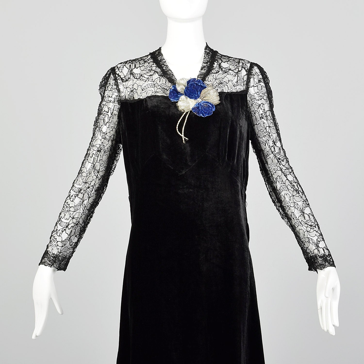 Medium 1930s Velvet Dress with Sheer Lace Top