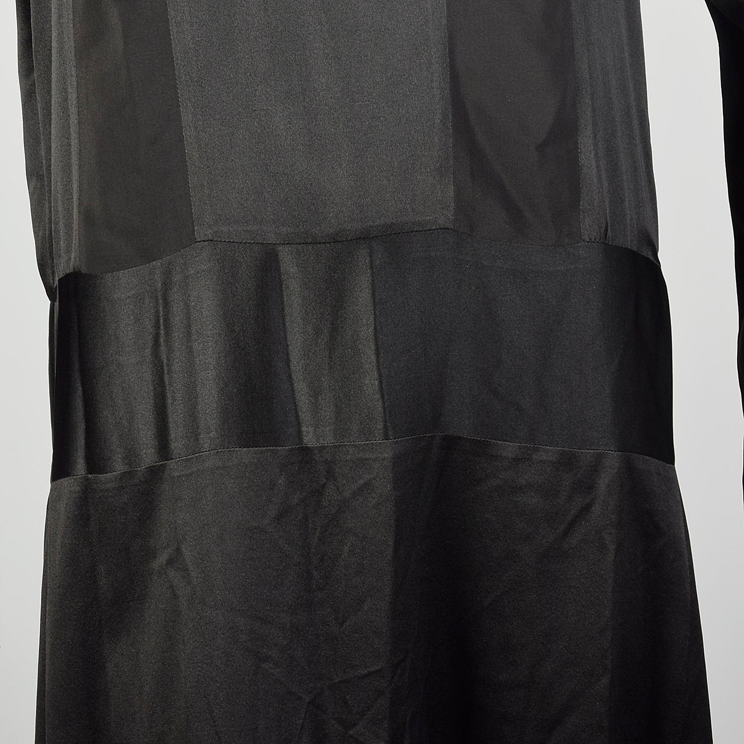Large 1920s Silk Dress Black on Black Art Deco Trumpet Bell Sleeve Evening Gown