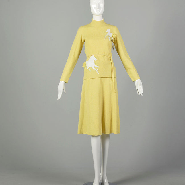 Small 1970s Novelty Horse Knit Outfit Long Sleeve Yellow Top Skirt Separates