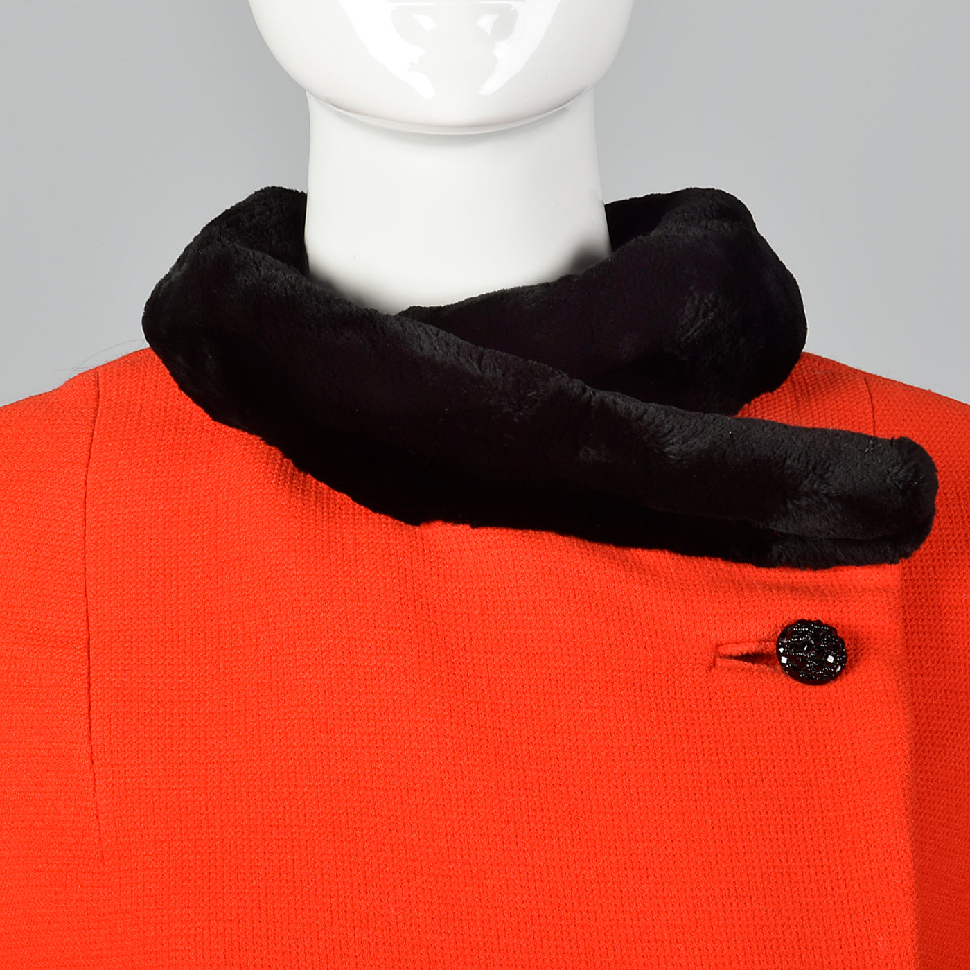 1960s Asymmetric Red Winter Coat with Black Sheared Fur Trim