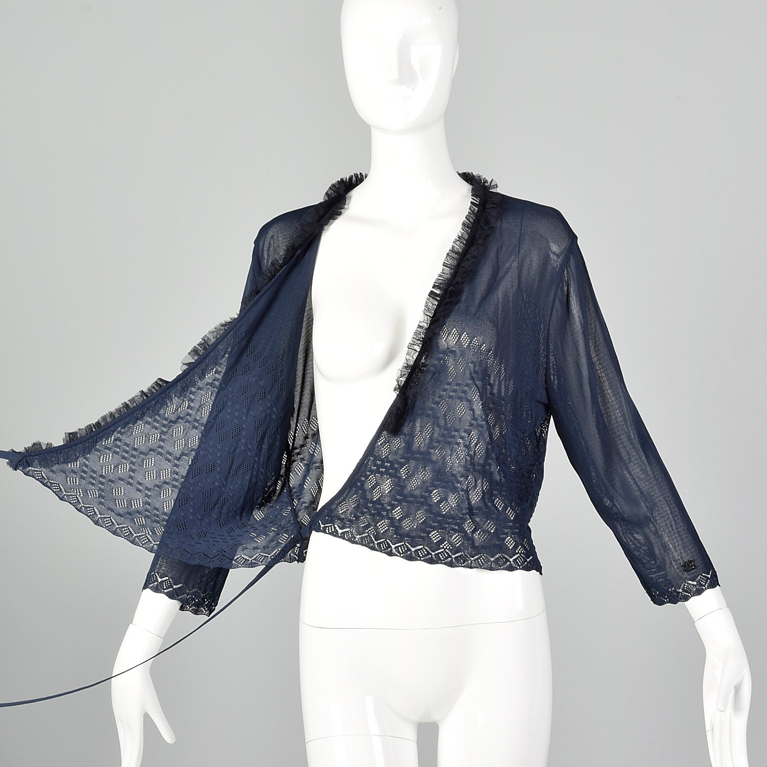 Large Chanel 1990s Navy Blue Sheer Mesh Wrap Cardigan Sweater