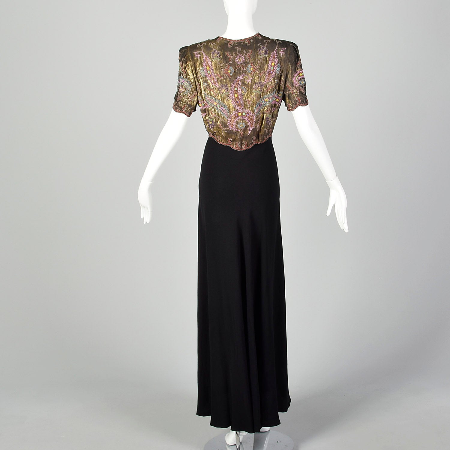1940s Gold Lamé Beaded Black Evening Gown