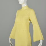 Medium 1970s Boho Dress Hippie Bell Sleeve Sheer Yellow Bohemian Knit