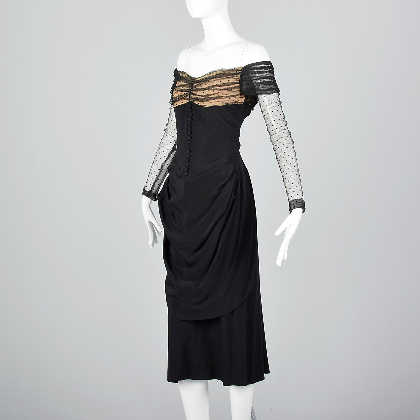 1950s Black Dress with Lace Illusion Neckline