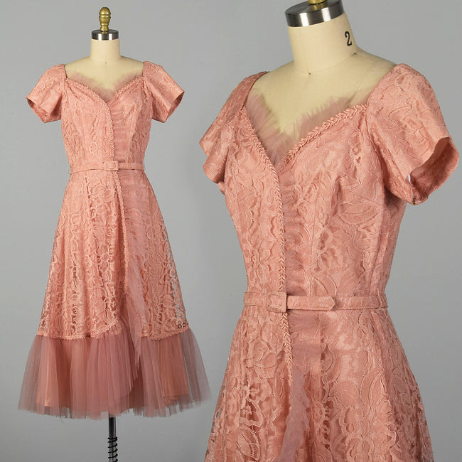 Medium 1940s Pink Lace Party Dress