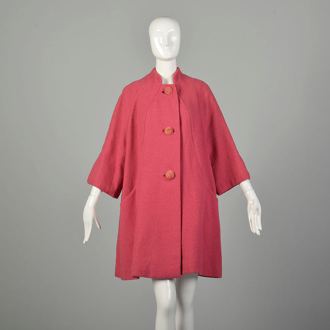 OSFM 1960s Swing Coat Loose Pink Wool Bracelet Sleeve Winter