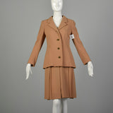 Small 1970s Suit Minimalist Camel Pleated Skirt 2pc Blazer Ensemble