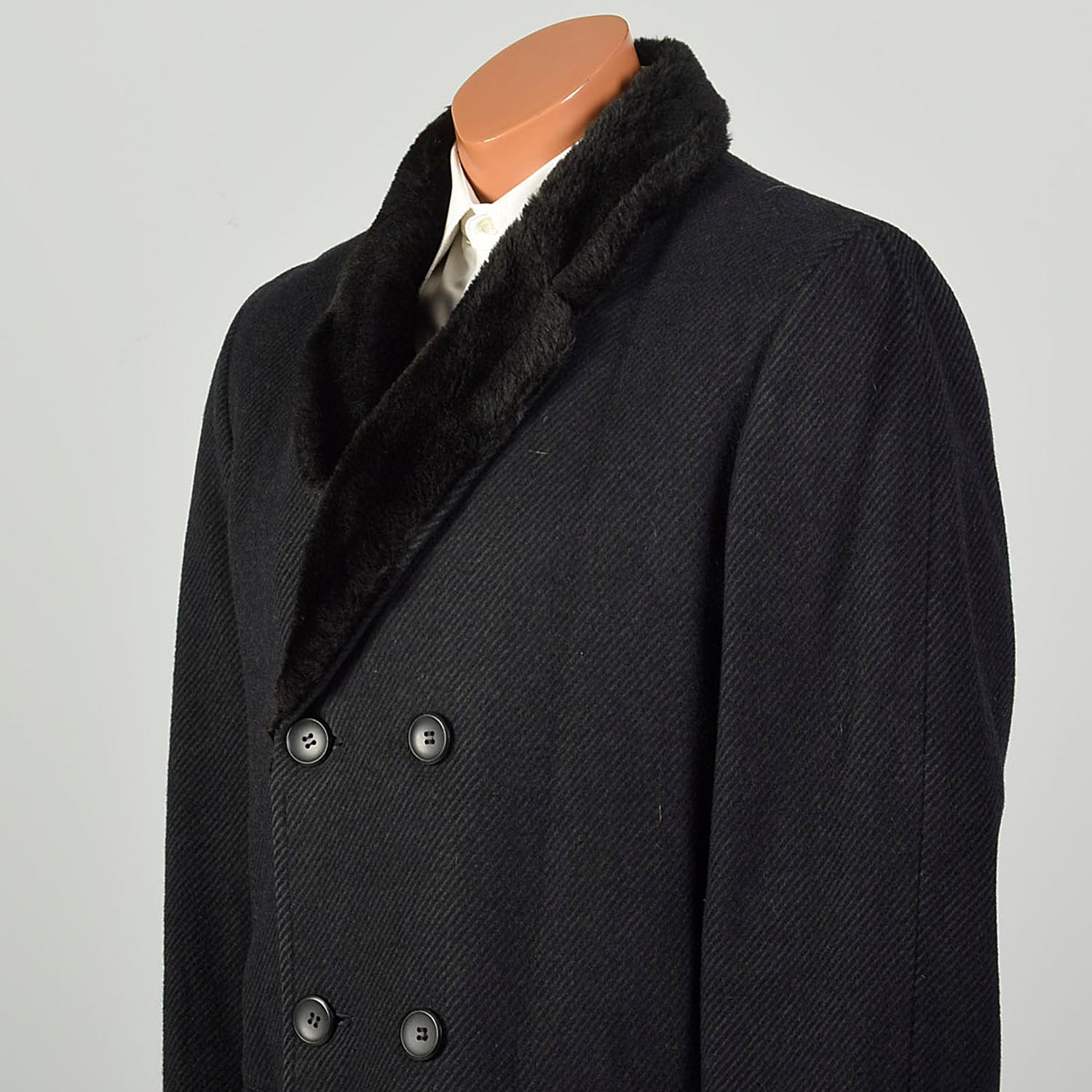 Large 1970s Coat Charcoal Black Faux Fur Double Breasted Winter