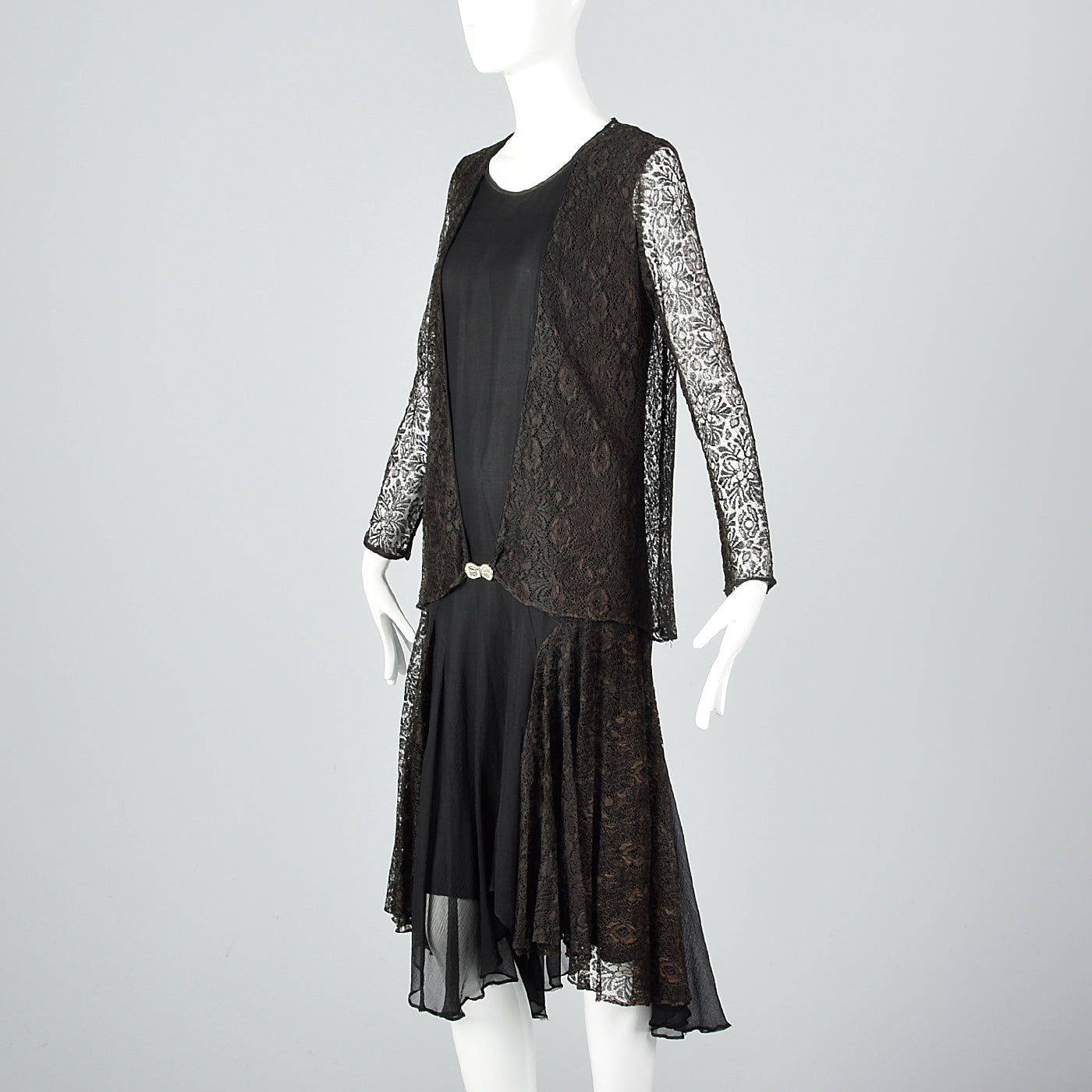 1920s Black Silk Dress with Lace Jacket