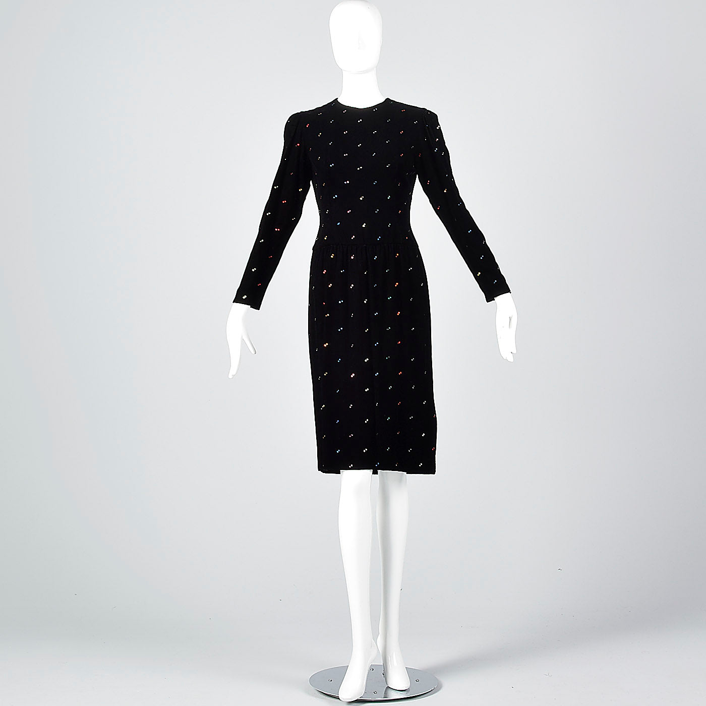 1980s Oscar de la Renta Black Velvet Dress with Rainbow Rhinestones