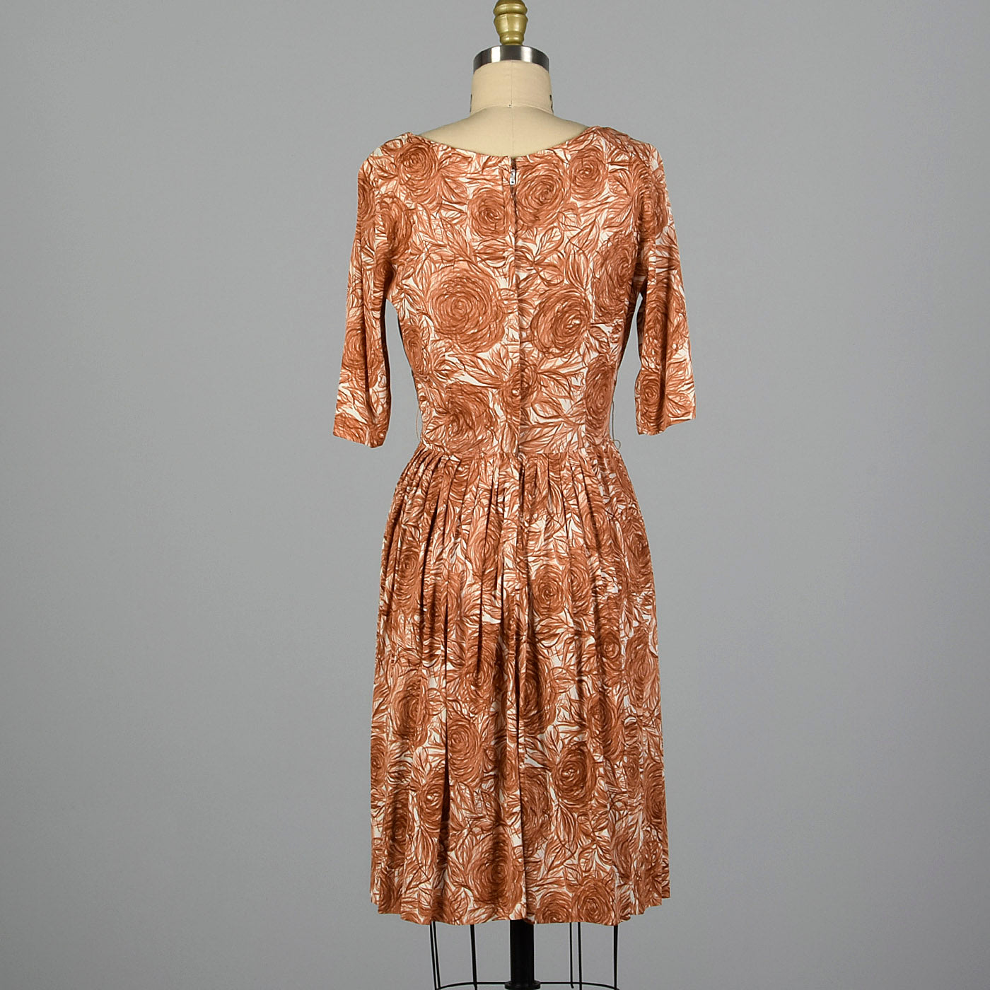 1960s Brown Rose Print Dress