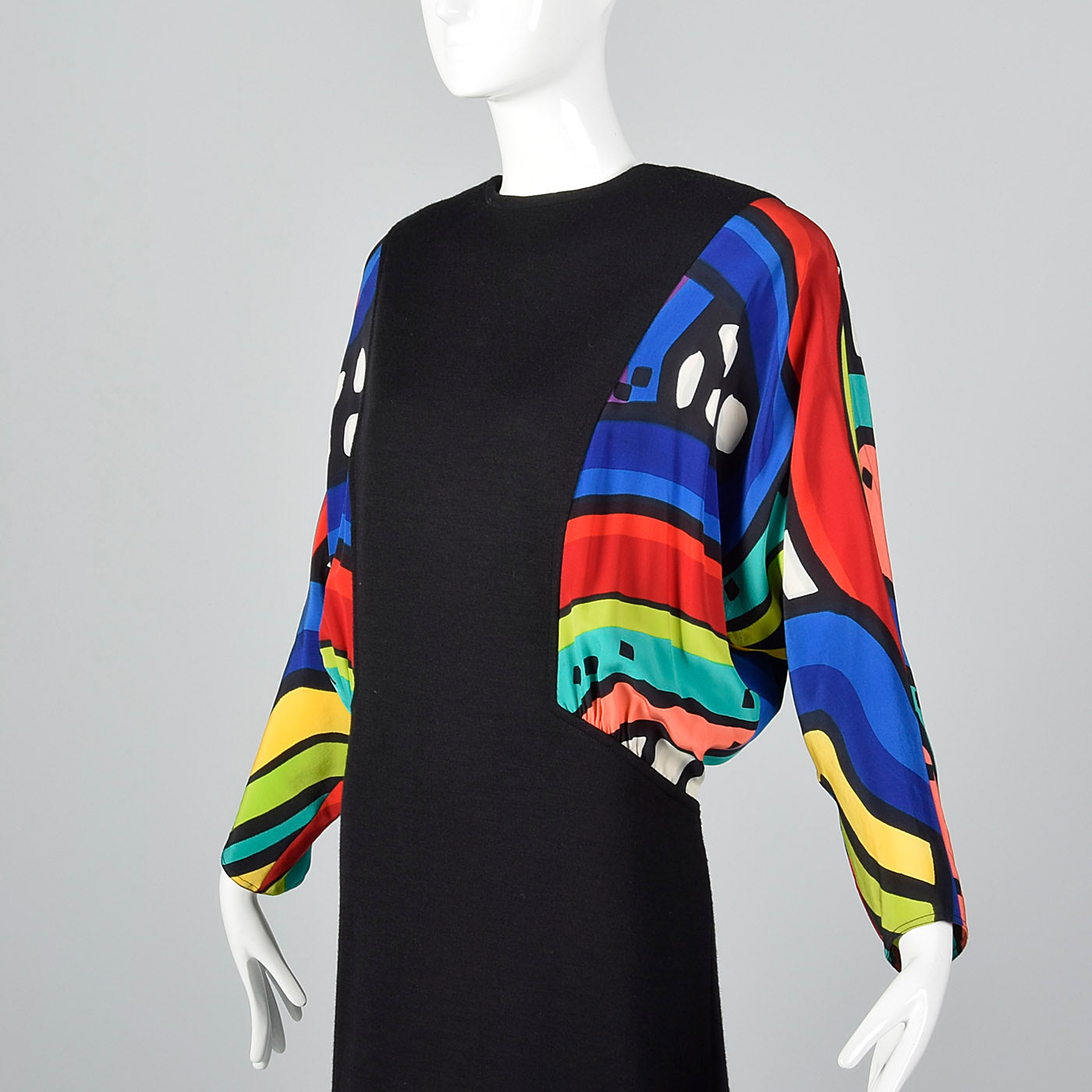 1980s Black Knit Dress with Colorful Silk Batwing Sleeves