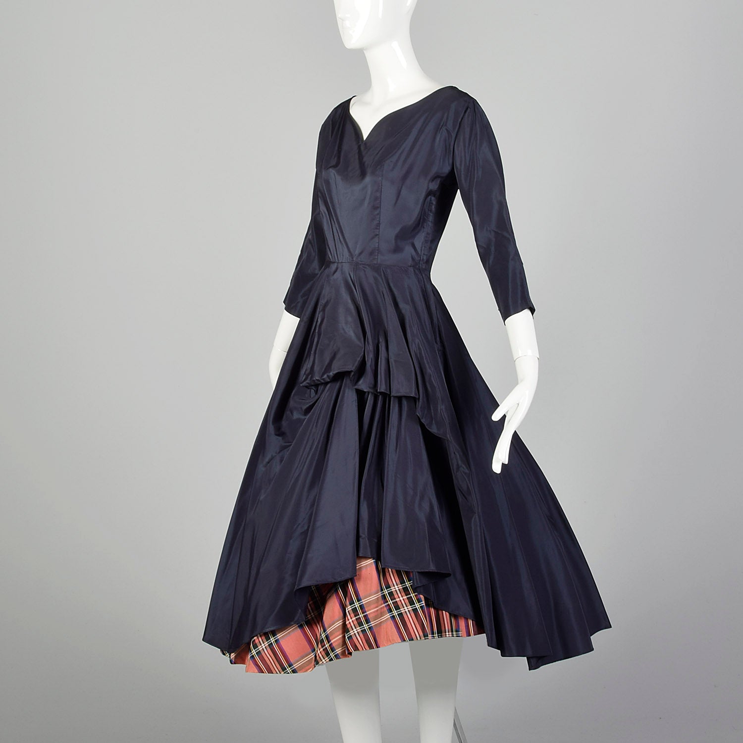 XS 1950s Navy Blue Taffeta Dress with Tartan Underskirt