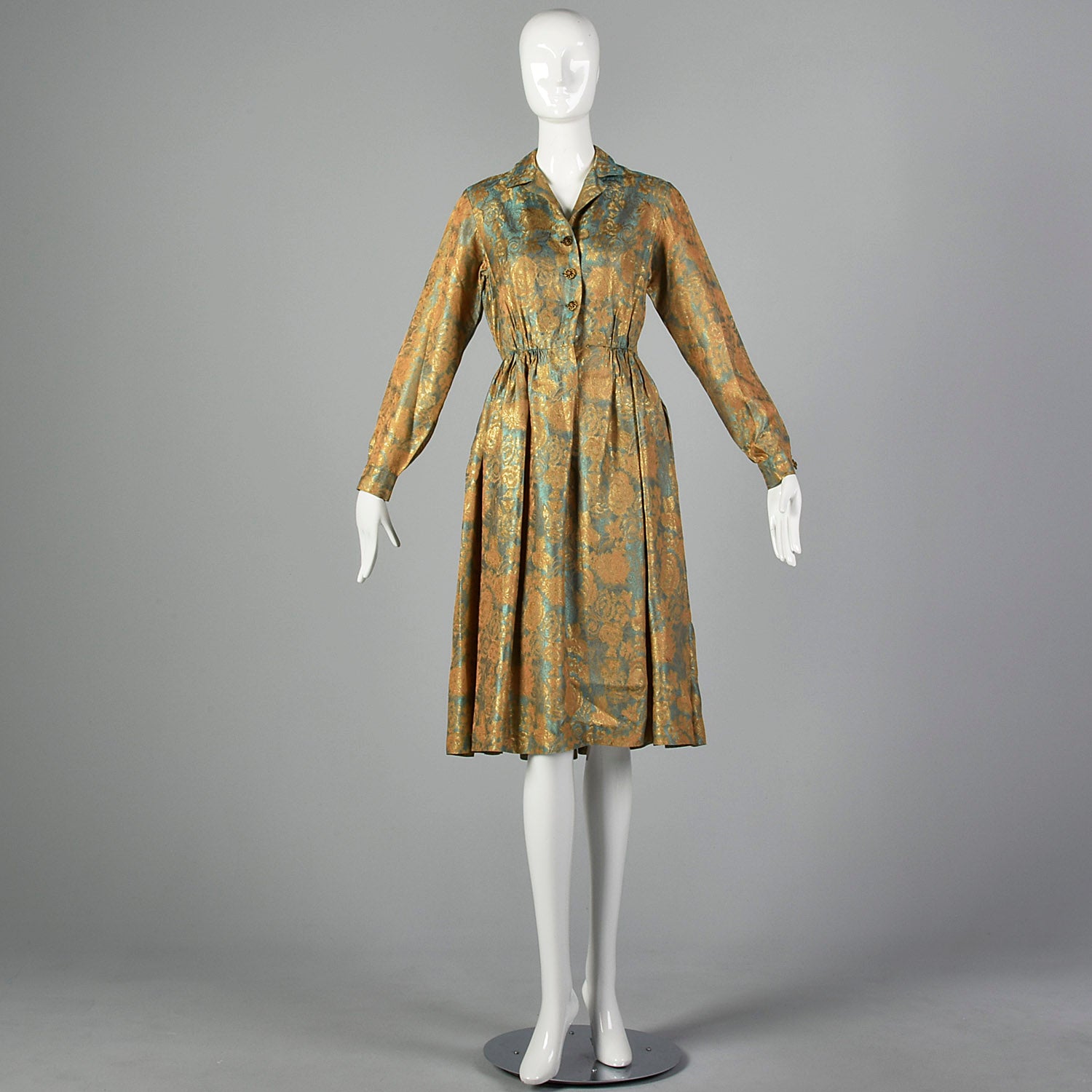 XXS Saks Fifth Avenue 1950s Green and Gold Floral Dress Style & Salvage XXS Saks Fifth Avenue 1950s Green and Gold Floral Dress Style & Salvage