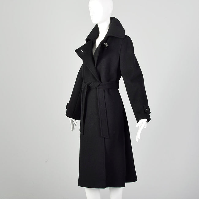 Small Black Heavyweight Wool 1970s Trench Coat