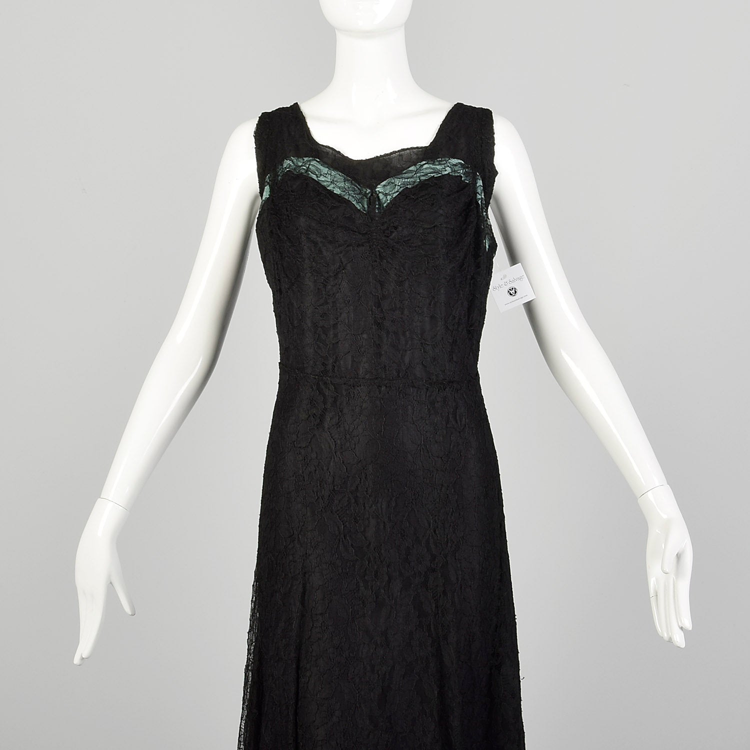 XL 1930s Dress Black Vintage Lace Maxi Sleeveless