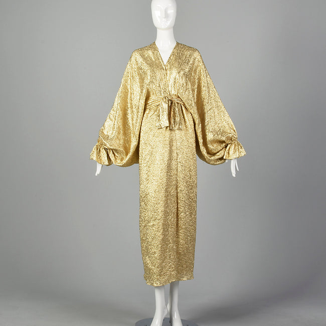 1970s Metallic Gold Evening Dress with Balloon Sleeves