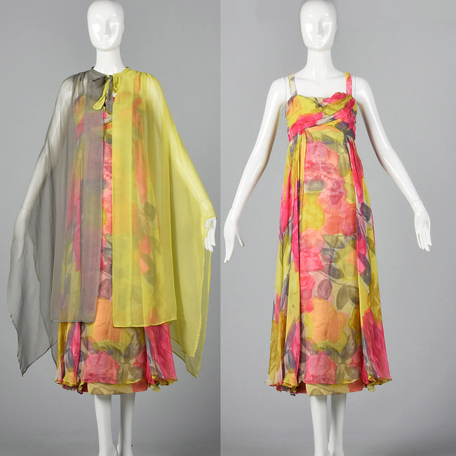 1960s Silk Floral Dress with Color Block Cape