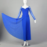 Large 1980s Dress Vicky Tiel Blue Mesh Gown Long Sheer Sleeves Ruched Bodice Sweetheart Neckline