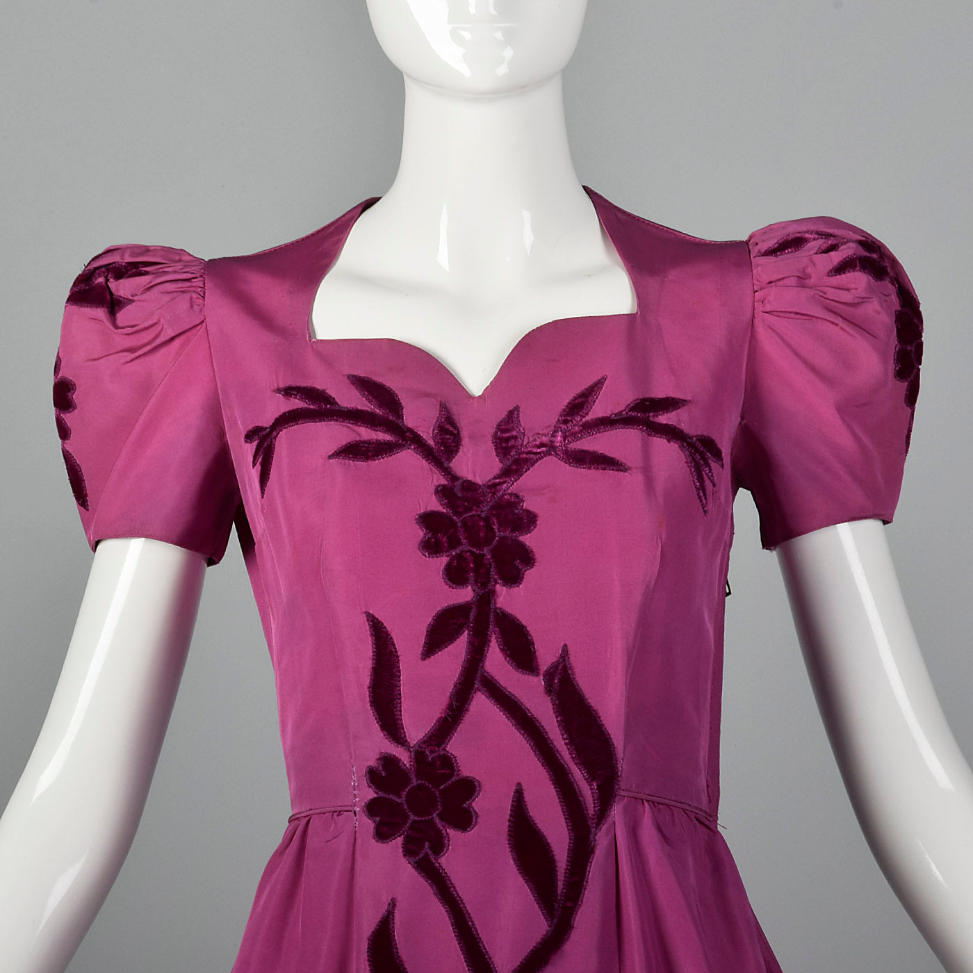 1940s Pink Taffeta Gown with Velvet Applique