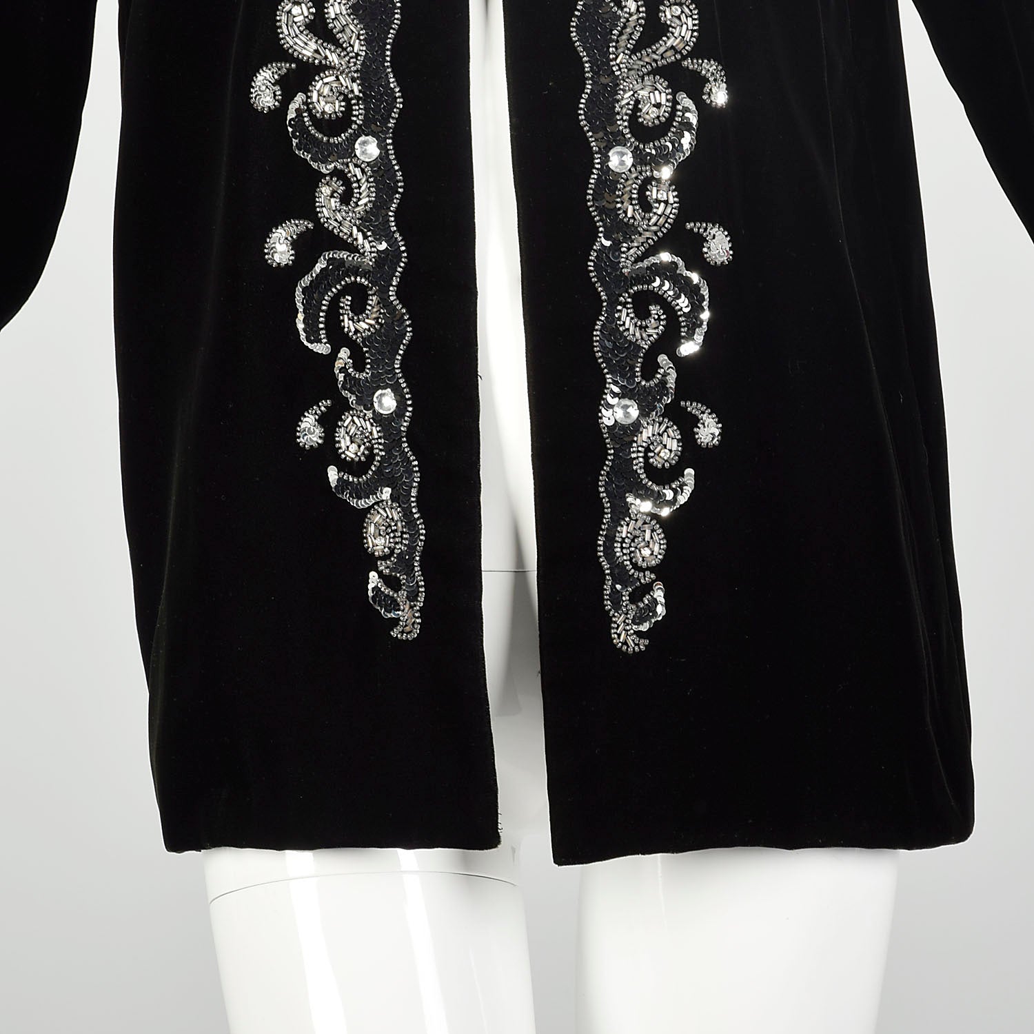 Medium 1980s Black Velvet Jacket Silver Sequin Evening Coat