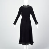 1970s Yves Saint Laurent Rive Gauche Black Velvet Dress with Ruffle Trim