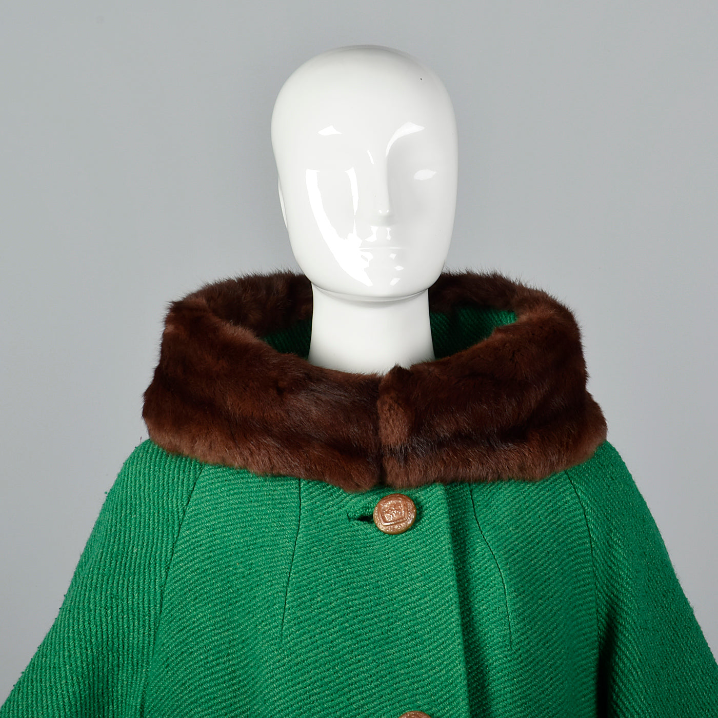1960s Green Coat with Marmot Fur Trim & Dramatic Collar