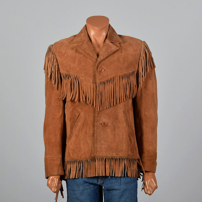 1970s Mens Brown Leather Bohemian Jacket with Fringe Trim