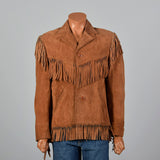 1970s Mens Brown Leather Bohemian Jacket with Fringe Trim